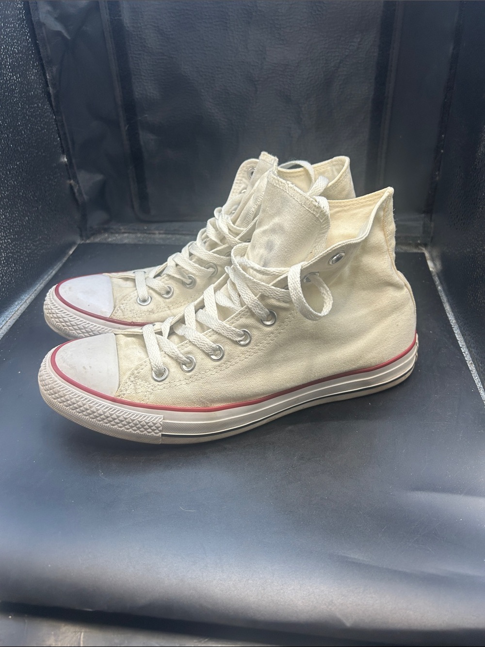 Converse High-Top Canvas Sneakers in Cream with Red Trim